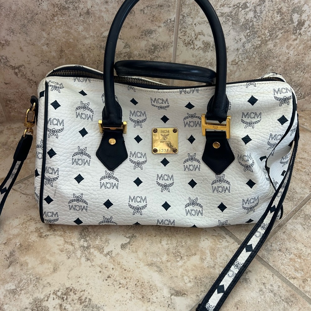 MCM White and Black Satchel Gold Visetos Boston bag vintage